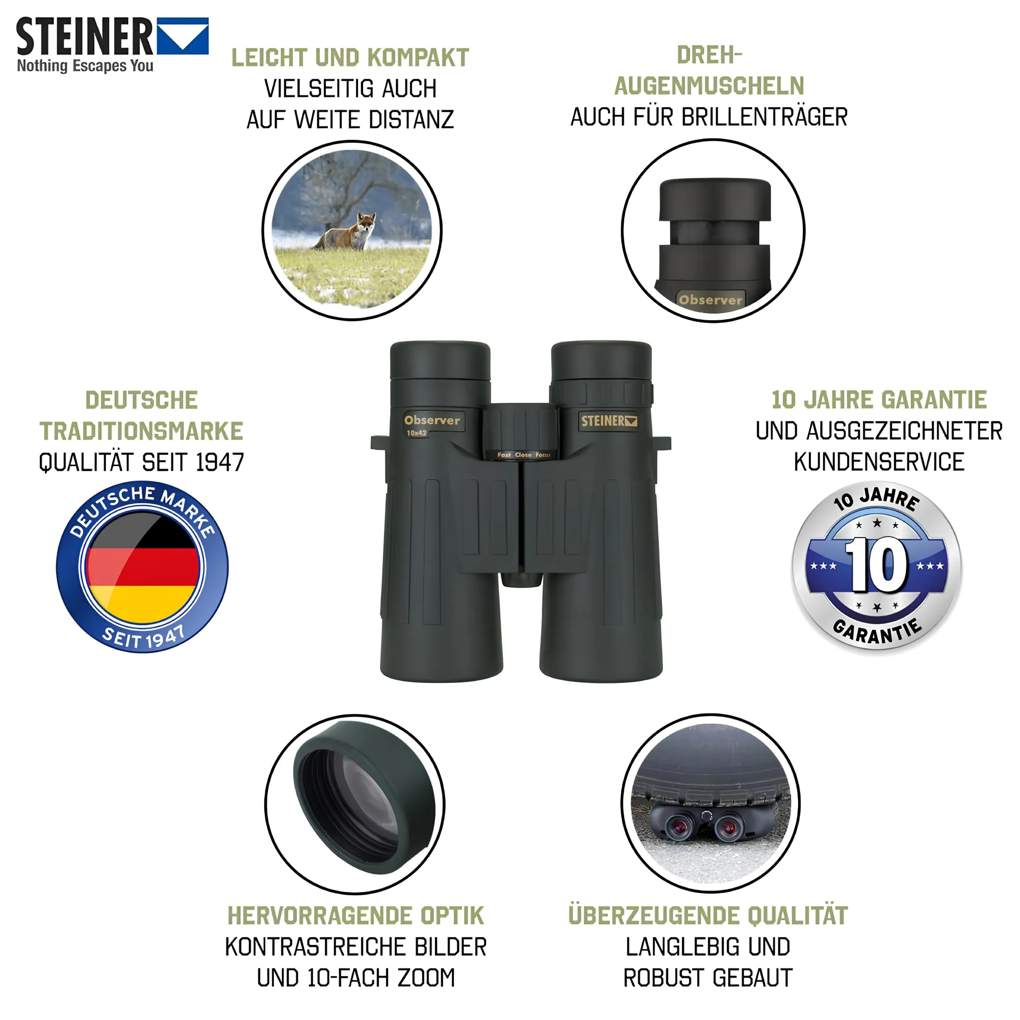 Alltagstaugliches Fernglas STEINER Observer 10x42 mit 10-facher Vergrößerung Alltagstaugliches Fernglas STEINER Observer 10x42 mit 10-facher Vergrößerung